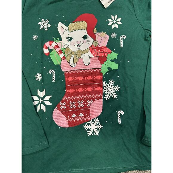 Girls Cat Stocking Graphic Tee - Park Bench Green - Picture 4 of 6